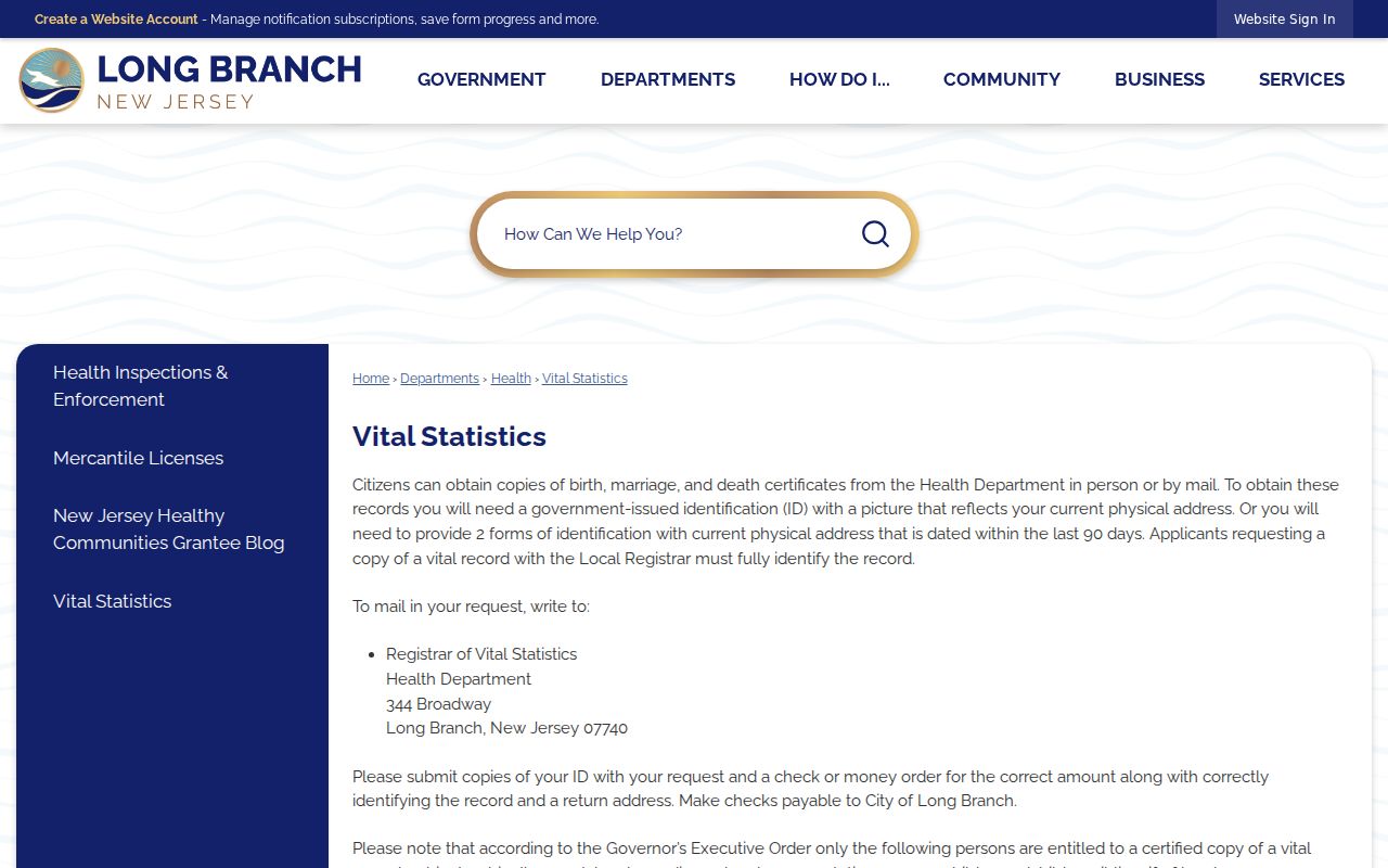 Long Branch residents directory local Vital Statistics record request page
