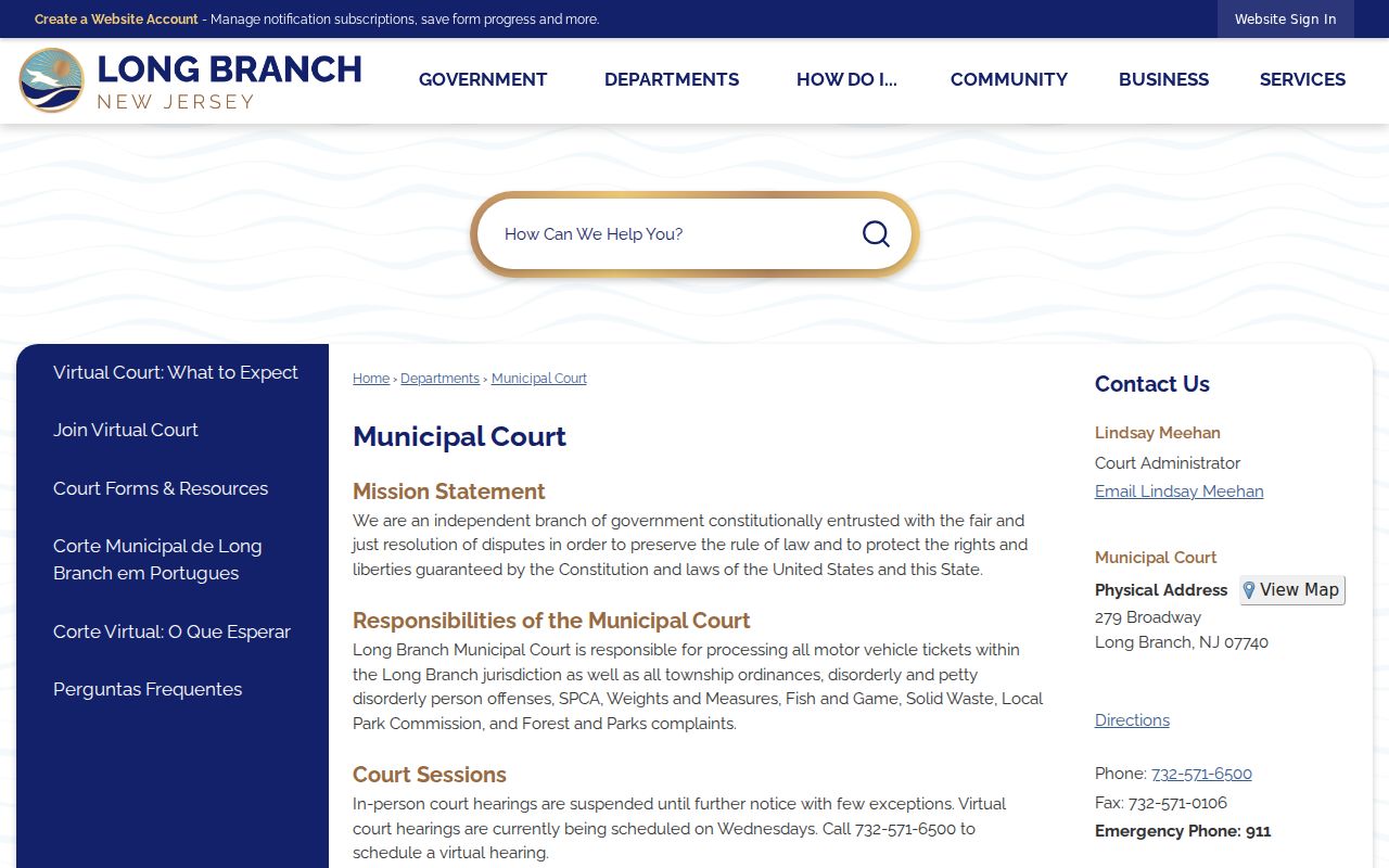 Long Branch resident lookup Municipal Court portal and procedure page