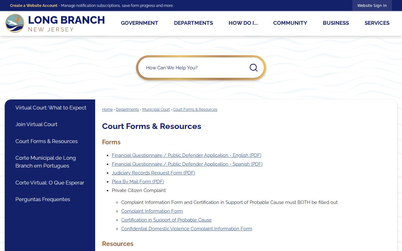 Long Branch resident lookup court forms and records request resources