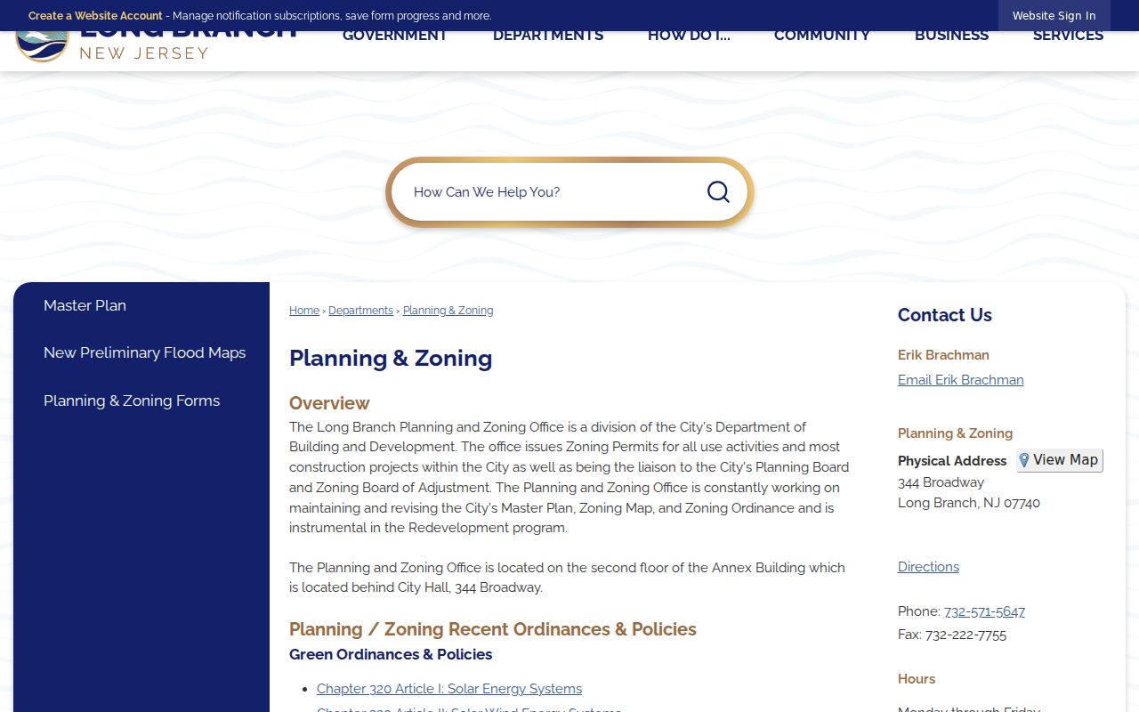 Long Branch street directory planning and zoning records