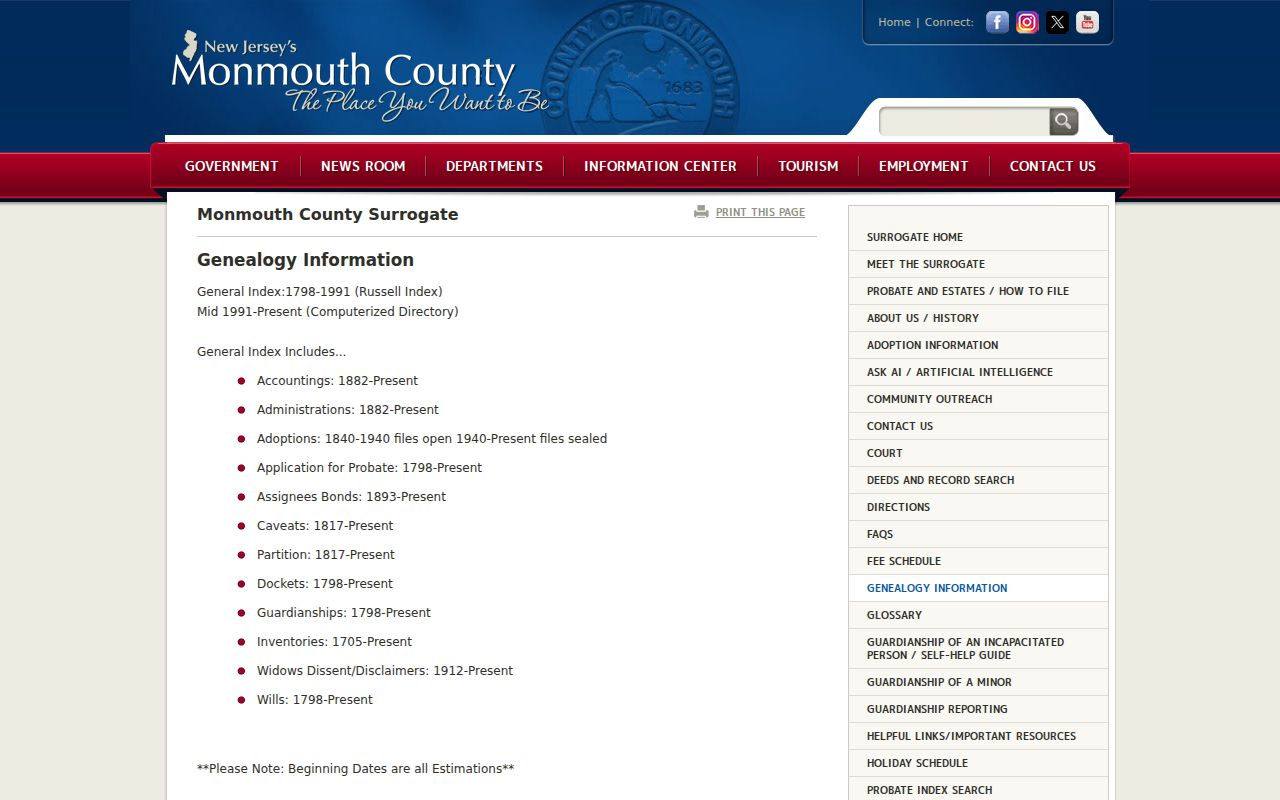 Long Branch previous residents estate research through the Monmouth County Surrogate genealogy page