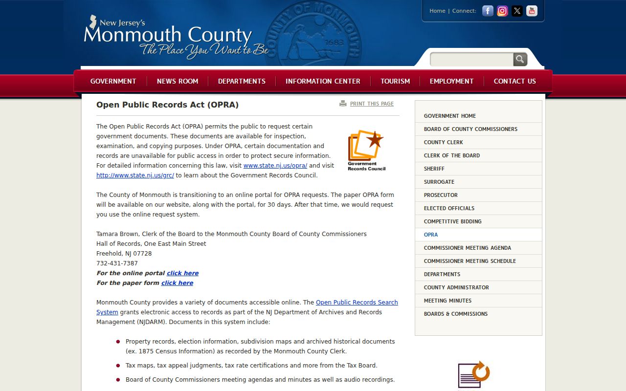Long Branch street directory Monmouth County OPRA records routing