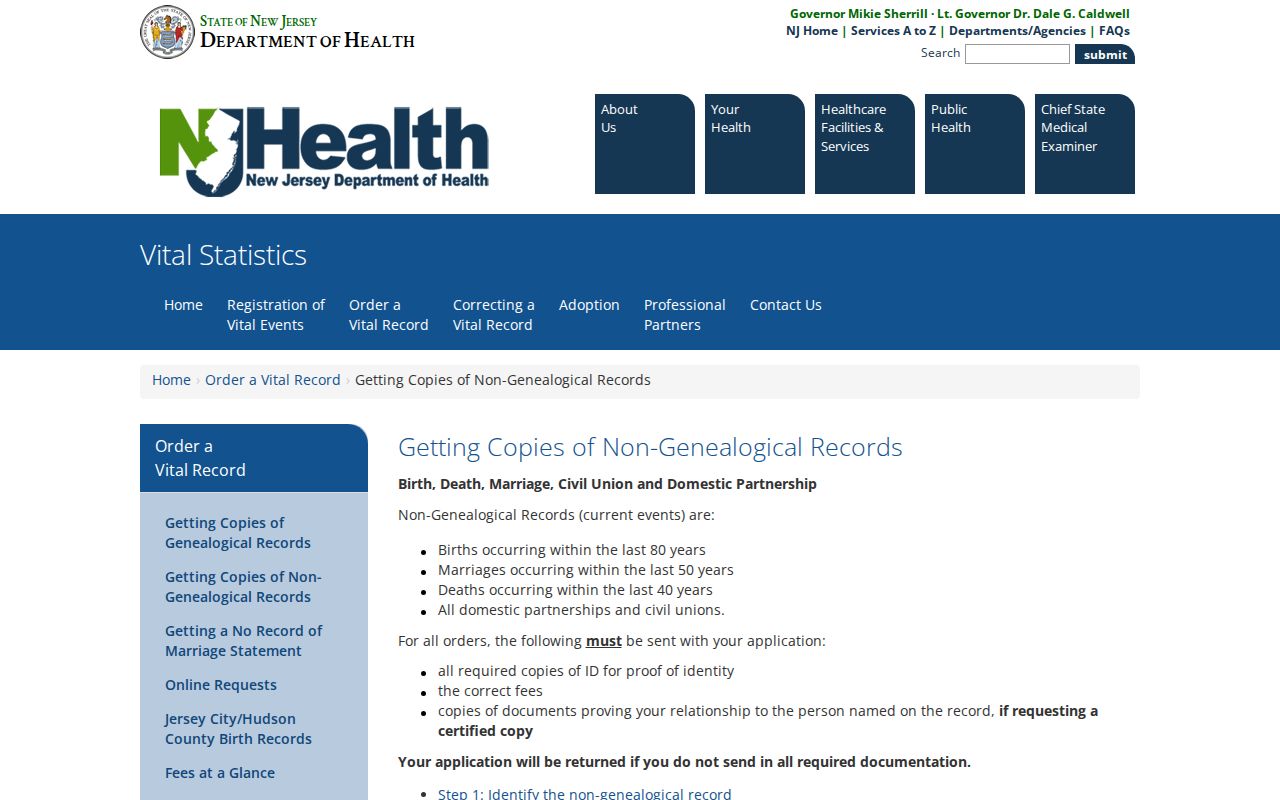 Long Branch resident lookup New Jersey vital records non-genealogical request guidance